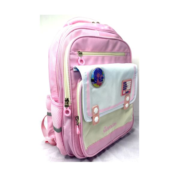 Cute Pink and White School Backpack with Cartoon Badge - Durable and Stylish