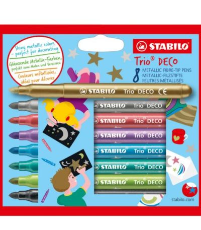 STATIONERY HQ proudly offers the STABILO Metallic Felt-Tip Fibre Pen Trio DECO Pack of 8, perfect for adding a creative metallic touch to your art, cards, and crafts.