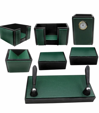 Senator Rexine Leather Office Desk Organizer 7pcs Set With Watch #20 (Green)
