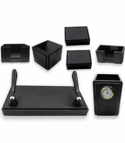Senator Rexine Leather Office Desk Organizer 7pcs Set With Watch #20(Black)