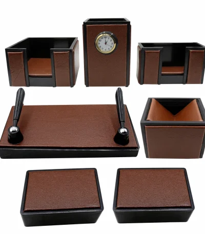 Senator Rexine Leather Office Desk Organizer 7pcs Set With Watch #20(Brown)