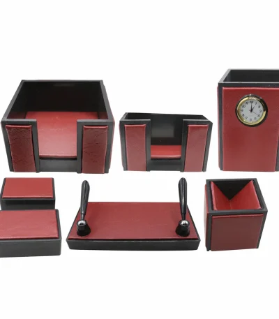 Senator Rexine Leather Office Desk Organizer 7pcs Set With Watch #20(Red)