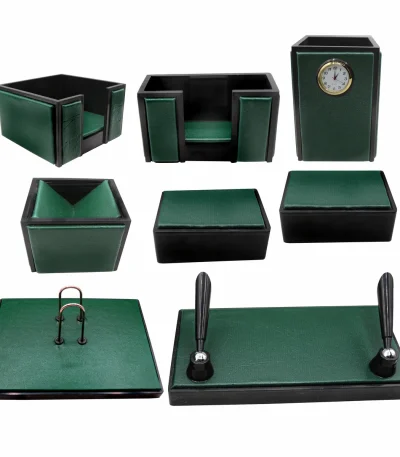 Senator Rexine Leather Office Desk Organizer 8pcs Set With Watch #20 (Green)