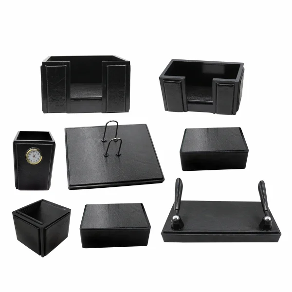 Senator Rexine Leather Office Desk Organizer 8pcs Set With Watch #20(Black)